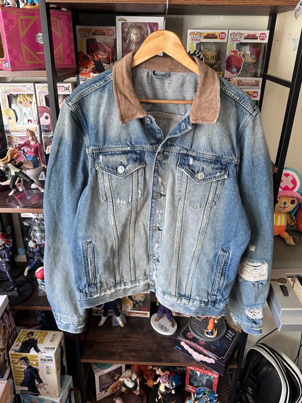 AllSaints Iren Denim Jacket Blue Distressed Brown Collar Men’s L Vintage Style